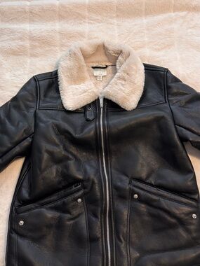 Joie Black Faux Leather Coat with Cream Faux Fur Collar